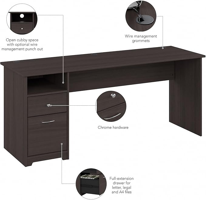 Bush Furniture Cabot Desks for Home Office with Storage and Chrome Hardware | Elegant Computer Table with Drawers, 72W, Heather Gray