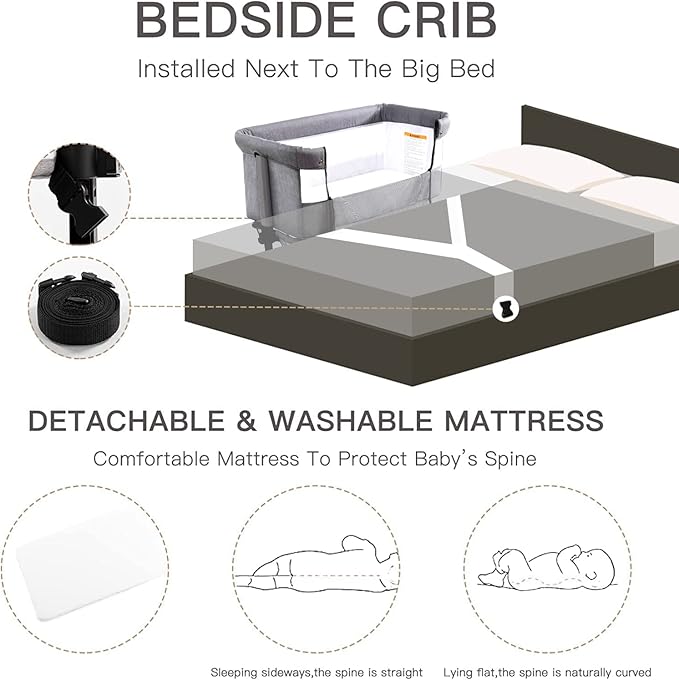 Baby Crib,3 in 1 Baby Bassinet Bedside Crib Adjustable Portable Bed for Infant,Baby Newborn Must Have Bed,Grey