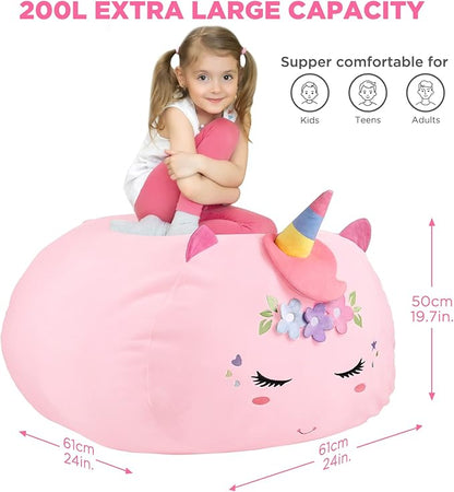 GAGAKU Stuffed Animal Bean Bag Cover Toy Storage, 24 Inches Kids Bean Bag Chair Cover ONLY Pink Unicorn Large Zipper Bean Bag for Organizing Kids Plush Toys Home Supplies (Cover Only)