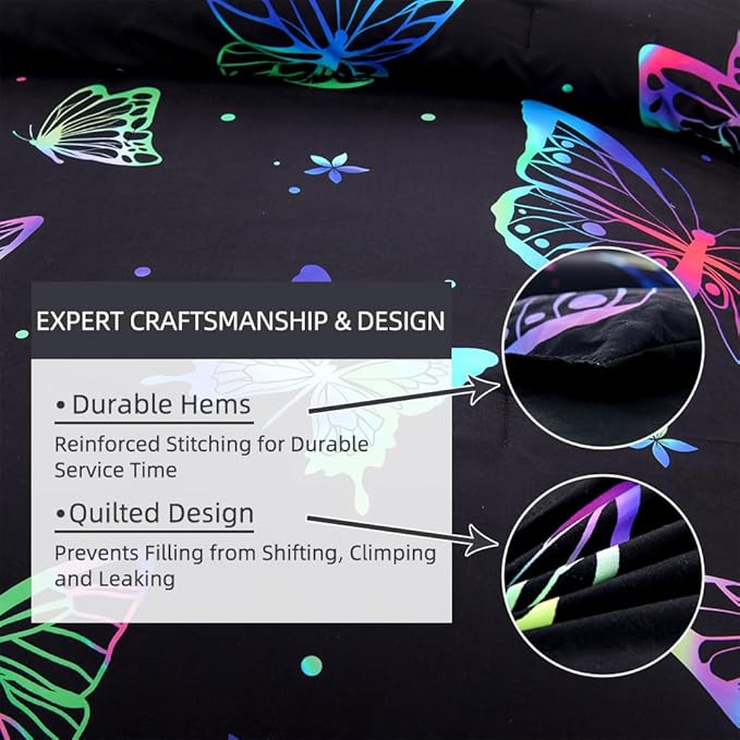 Btargot 3 Piece Butterfly Pattern Girls Comforter Set with 2 Pillow Covers, Gradient Line Rainbow Printed Bedding Set for Women, Queen Black
