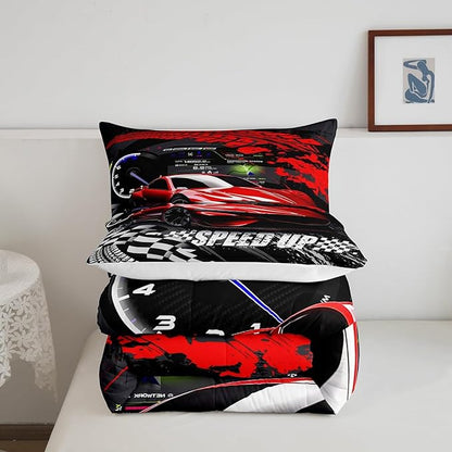 Feelyou Kids Boys Girls Red Race Car Comforter Set Full Size, Sports Car Comforter Comforter Set for Teens Toddler Race Car Bedding Set Racing car Duvet Set Bed Set Room Decor Bedding Collection