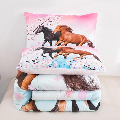 Feelyou Kids Horse Bedding Set for Girls Queen Size Chic Cherry Blossom Comforter Set for Horse Lover Gift Galloping Horse Printed Comforter 3D Wild Animal Duvet Set Bedroom Decor Quilt Set 3Pcs