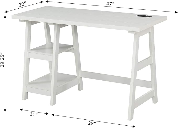 Convenience Concepts Designs2Go Trestle Desk with Charging Station and Shelves, White