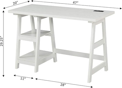 Convenience Concepts Designs2Go Trestle Desk with Charging Station and Shelves, White