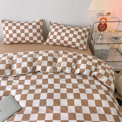 Wellboo Light Brown Plaid Comforter Sets Queen Women Men Cream Coffee and White Checkerboard Grid Bedding Comforters Cotton Boys Girls Modern Light Taupe Checkered Geometric Quilts Luxury Abstract Bed