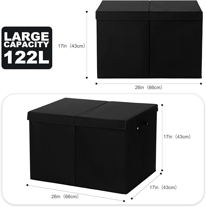 122L Large Toy Box Chest with Lid, Foldable Toy Storage Organizer Bin Boxes with Removable Divider for Kids, Boys, Girls, Nursery, Playroom, 26"x17" x17"(Linen Black)