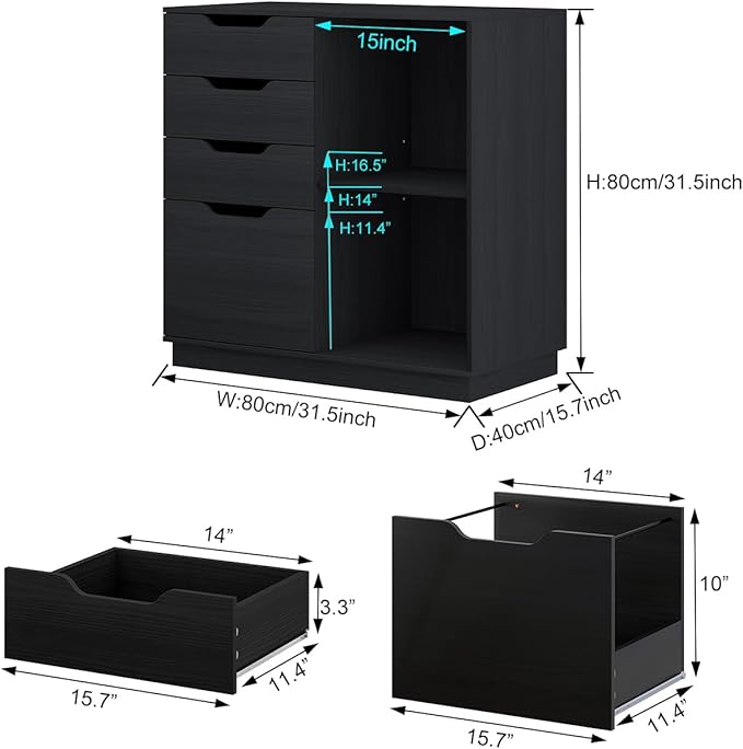 4 Drawers Lateral File Cabinet, Wood Filing Cabinet, Printer Stand with Open Storage Shelves for Home Office, 6 Compartments, Black