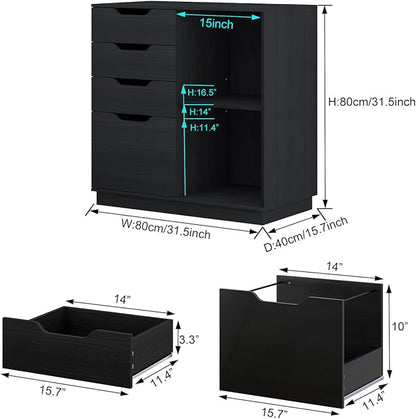 4 Drawers Lateral File Cabinet, Wood Filing Cabinet, Printer Stand with Open Storage Shelves for Home Office, 6 Compartments, Black