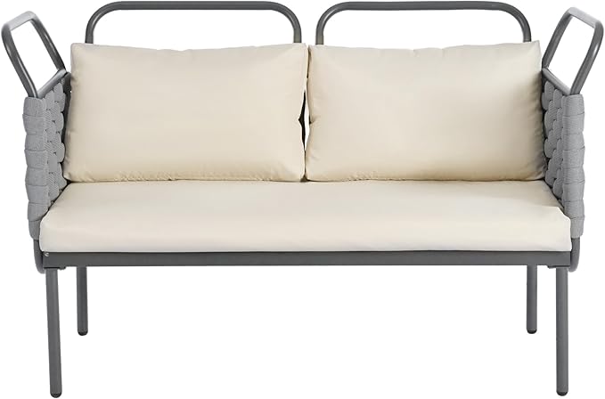 5-Piece Outdoor Furniture Sectional Conversation Sofa Set with Loveseat, Glass Table and Removable Cushions, All Weather Patio Woven Rope L-Shaped Couch for Garden Backyard, Gray+Beige