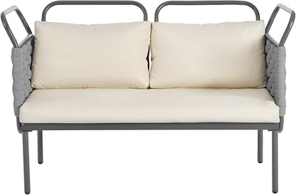 5-Piece Outdoor Furniture Sectional Conversation Sofa Set with Loveseat, Glass Table and Removable Cushions, All Weather Patio Woven Rope L-Shaped Couch for Garden Backyard, Gray+Beige