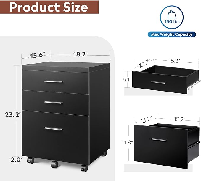DEVAISE 3 Drawer File Cabinet for Home Office, Wood Under Desk Filing Cabinet, Rolling Printer Stand with Wheels, Black