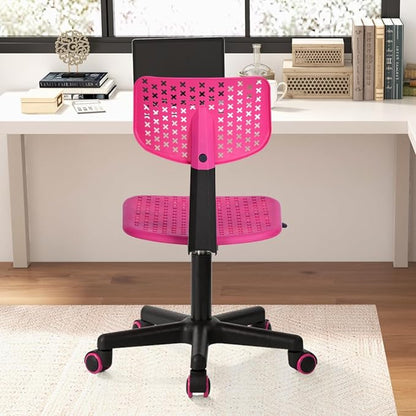 Desk Chair Armless Cute Office Chair, Low Back Rolling Home Office Task Chair Adjustable Swivel Study Chair for Girls Teens Adults Children Kids, Pink