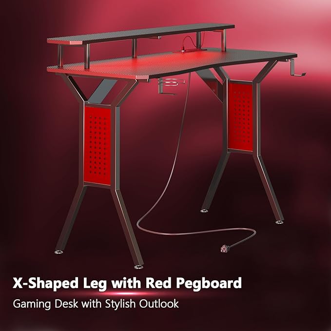 Gaming Desk with Power Outlets & LED Strip Lights,Computer Desk with Large Monitor Stand, Gamer Workstation with Stylish Metal Legs,Headphone Hook&Cup Holder for Home Office