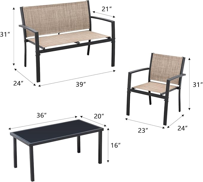 Greesum 4 Pieces Patio Furniture Set Outdoor Conversation Textilene Fabric Chairs for Lawn, Garden, Balcony, Poolside with A Glass Coffee Table, Beige