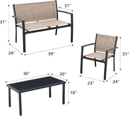 Greesum 4 Pieces Patio Furniture Set Outdoor Conversation Textilene Fabric Chairs for Lawn, Garden, Balcony, Poolside with A Glass Coffee Table, Beige