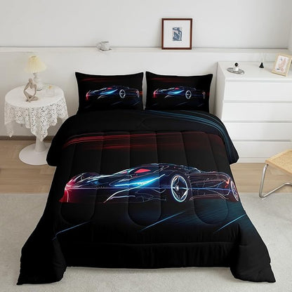 Feelyou Red Blue Race Car Bedding Set Twin Size for Kids Boys Extreme Sport Games Comforter Set Teens Toddler Fast and Furious Duvet Set Cool Modern Quilt Set 2Pcs