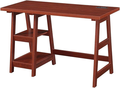Convenience Concepts Designs2Go Trestle Desk with Charging Station and Shelves, Cherry