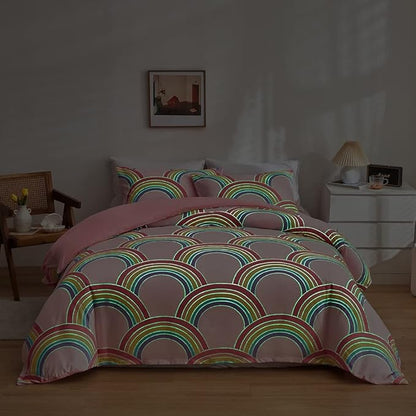 Feelyou Rainbow Glow in The Dark Comforter Set for Girls Kids Twin Pink Rainbow Bedding Set Super Soft Colorful Stripe Mermaid Scales Comforter Baby Girl Bedroom Pink Decor Bedding Quilted Duvet