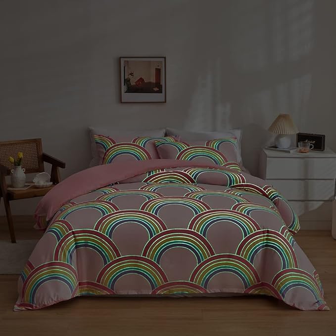Feelyou Rainbow Glow in The Dark Comforter Set for Girls Kids Queen Pink Rainbow Bedding Set Super Soft Colorful Stripe Mermaid Scales Comforter Baby Girl Bedroom Pink Decor Bedding Quilted Duvet