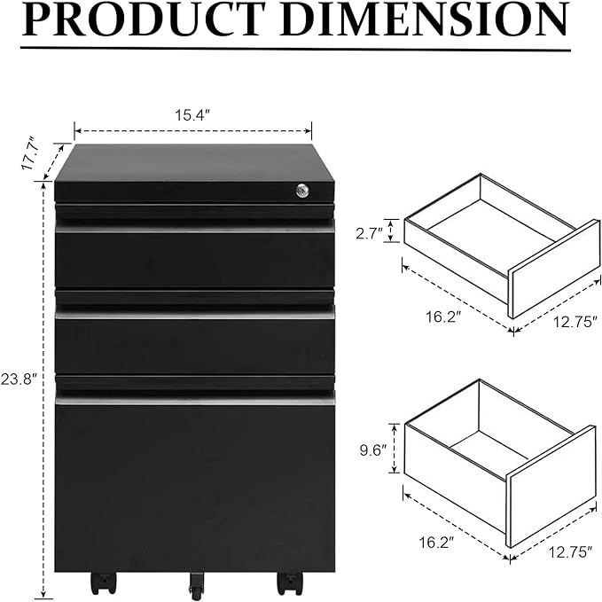 3-Drawer Mobile File Cabinets Rolling Metal Filing Cabinet for Legal & Letter File Anti-tilt Design with Lock Under Desk Office Drawers Fully Assembled Except Casters Black