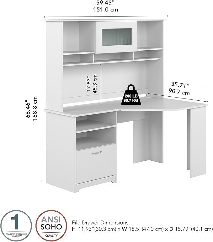 Bush Furniture Cabot 60W Corner Desk with Hutch in White