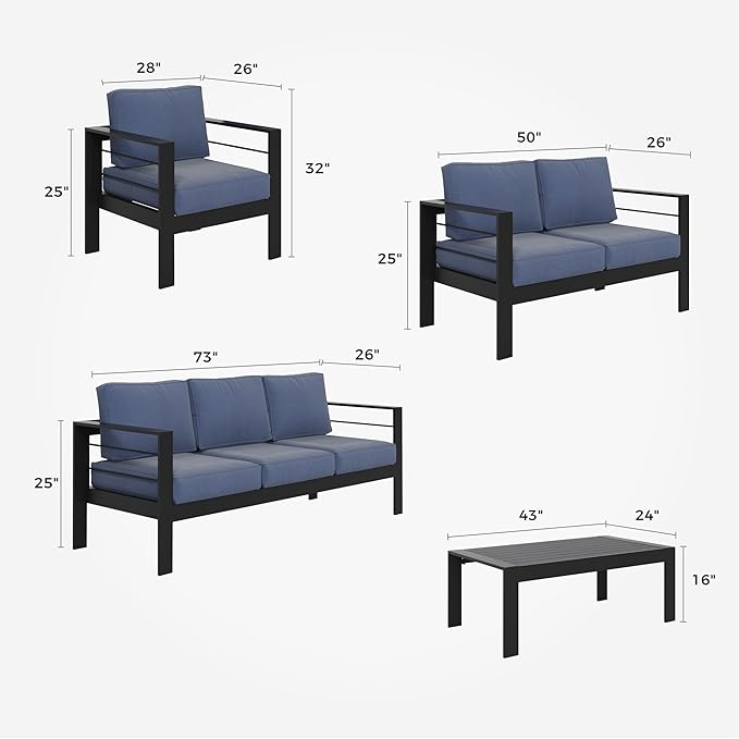 Solaste Aluminum Patio Furniture Set,5 Pieces Modern Outdoor Conversation Set Sectional Sofa with Upgrade Cushion and Coffee Table,Black Frame and Blue Cushion
