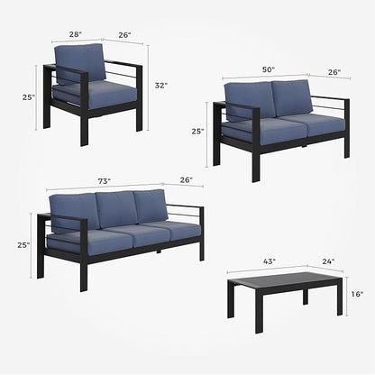 Solaste Aluminum Patio Furniture Set,5 Pieces Modern Outdoor Conversation Set Sectional Sofa with Upgrade Cushion and Coffee Table,Black Frame and Blue Cushion