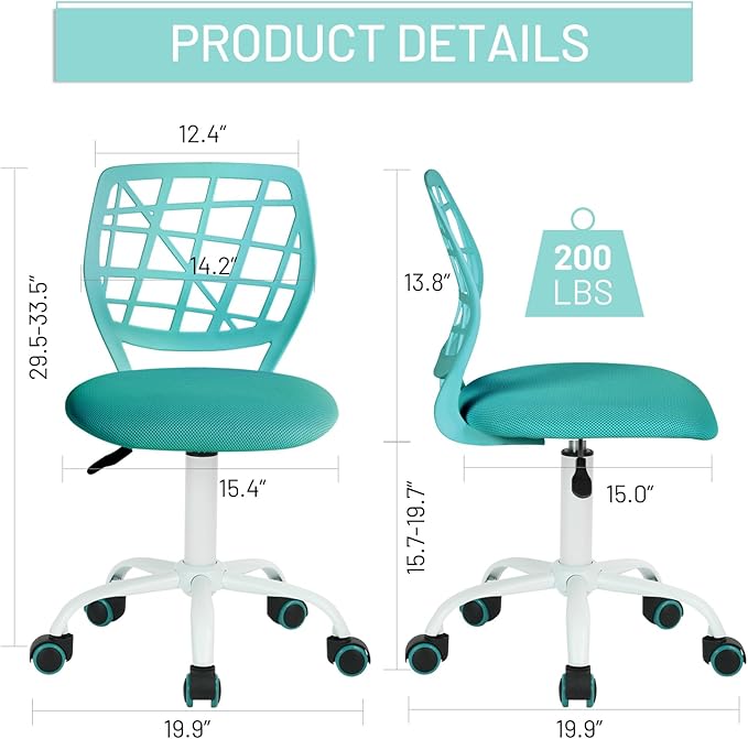 FurnitureR Kids Desk Chair, Armless Office Chair Small Adjsutable Swivel Task Chair with Soft Cushion for Study Kids Teens Child, Turquoise