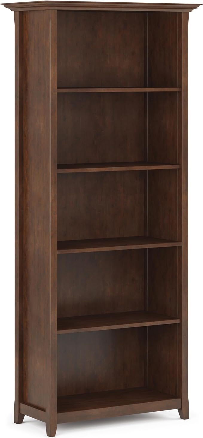SIMPLIHOME Amherst SOLID WOOD 30 Inch Transitional 5 Shelf Bookcase in Russet Brown, For the Living Room, Study Room and Office