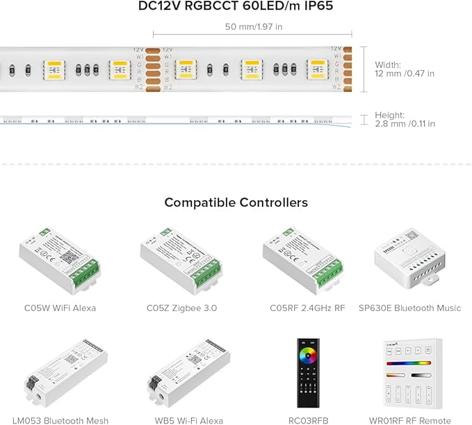 BTF-LIGHTING RGBCCT 5 Colors in 1 LED 5050SMD RGBWW RGB+Dimmable Tunable Color Temperature 2700K-6500K 16.4ft 60LEDs/m 300LEDs DC12V Multi-Colored Tape Lights IP65 White PCB(No Adapter or Controller)