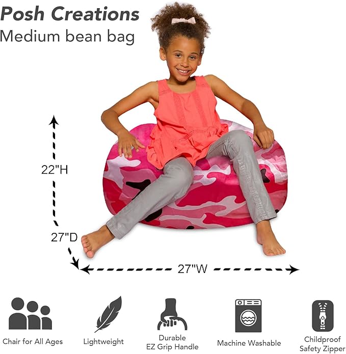 Posh Creations Bean Bag Chair for Kids, Teens, and Adults Includes Removable and Machine Washable Cover, Soft Nylon - Camo Pink and Black, 27in - Medium