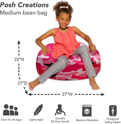 Posh Creations Bean Bag Chair for Kids, Teens, and Adults Includes Removable and Machine Washable Cover, Soft Nylon - Camo Pink and Black, 27in - Medium