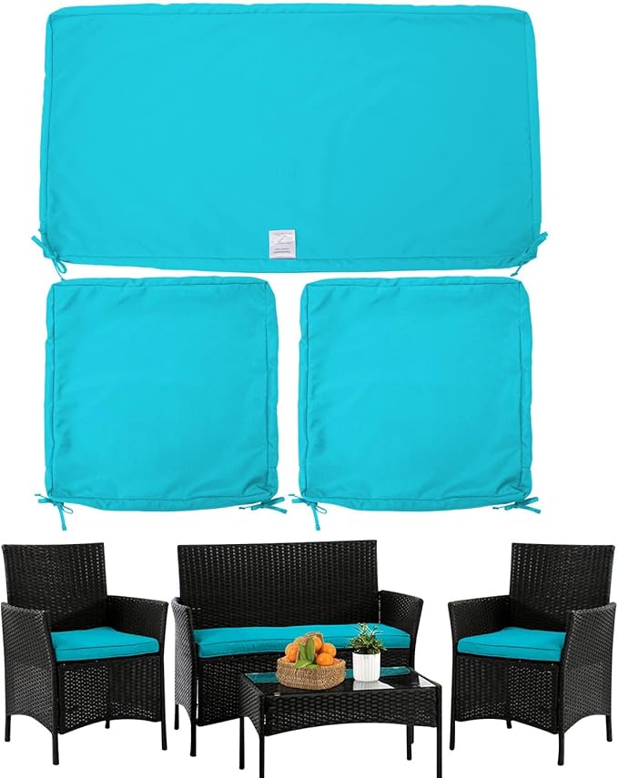 ClawsCover 3Pack Outdoor Seat Cushions Replacement Covers Fit for 4 Pieces Wicker Rattan Furniture Patio Conversation Set Loveseat Chair,38x19x2,19x19x2,Turquoise-Large (Include Cover Only)