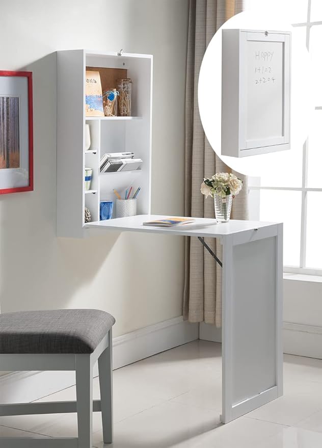 KB Designs - Wall Mounted Fold Out Floating Desk Table with Storage Shelves, White