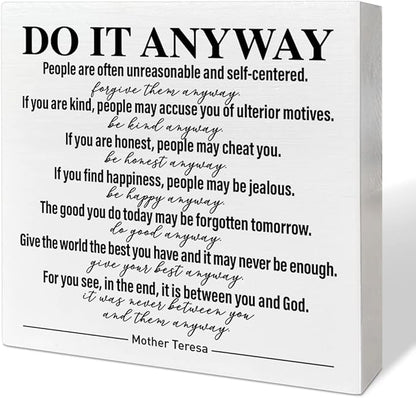 Home Office Desk Wooden Box Sign Decor, Do It Anyway, Inspirational Quotes Desk Decor Motivational Desk Decorations for Women Men Student Therapist Office Classroom School Counselor