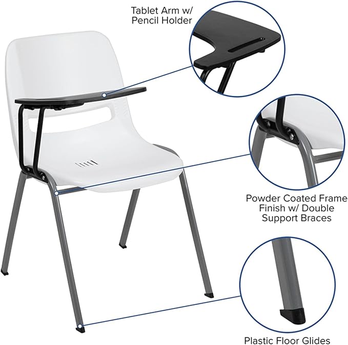 Flash Furniture HERCULES White Ergonomic Shell Chair with Right Handed Flip-Up Tablet Arm