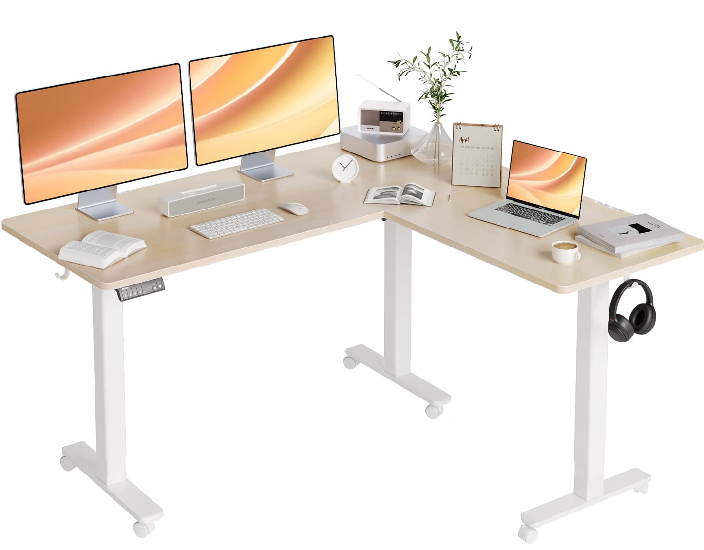Claiks L Shaped Standing Desk Adjustable Height, Dual Motor Electric Corner Standing Desk, 63x55 inch Sit Stand up Desk with Splice Board, White