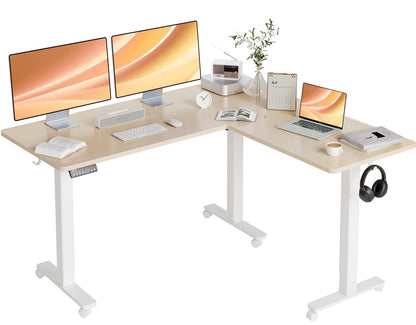 Claiks L Shaped Standing Desk Adjustable Height, Dual Motor Electric Corner Standing Desk, 63x55 inch Sit Stand up Desk with Splice Board, White