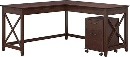 Bush Furniture Key West 60W L Shaped Desk with 2 Drawer Mobile File Cabinet in Bing Cherry