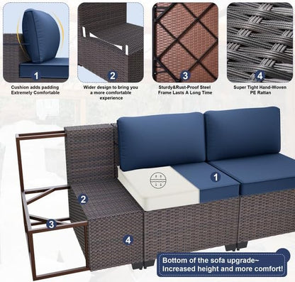 Patio Furniture Set with Fire Pit Table 8-Piece Outdoor Sectional Furniture Outdoor Rattan Patio Conversation Sets with 43in 55,000 BTU Propane Gas Fire Pit Table Glass Table, Navy Blue