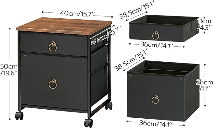 HOOBRO File Cabinet, 2-Drawer Filing Cabinet, Vertical Mobile Office Cabinet, Rolling Printer Stand, for A4/Letter Size Files, Nonwovens Drawer, for Home Office, Rustic Brown and Black BFK21WJ01