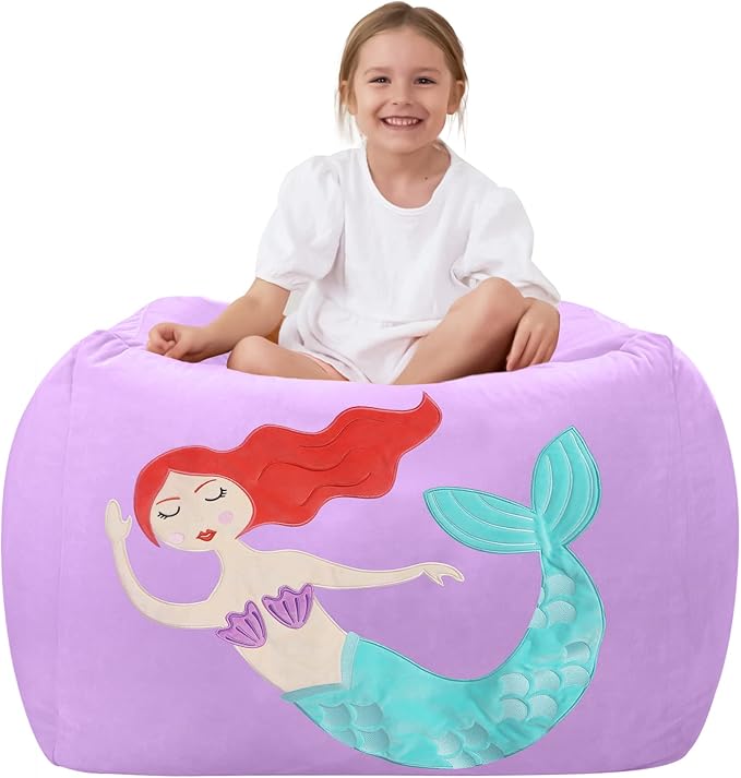 Aubliss Unicorn Stuffed Animal Storage Bean Bag Chair for Kids, Velvet Extra Soft Beanbag Chairs Cover, X-Large Stuffable Zipper Bean Bag for Organizing Plush Toys Girls Bedroom Decor, Purpl