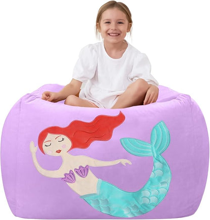 Aubliss Unicorn Stuffed Animal Storage Bean Bag Chair for Kids, Velvet Extra Soft Beanbag Chairs Cover, X-Large Stuffable Zipper Bean Bag for Organizing Plush Toys Girls Bedroom Decor, Purpl