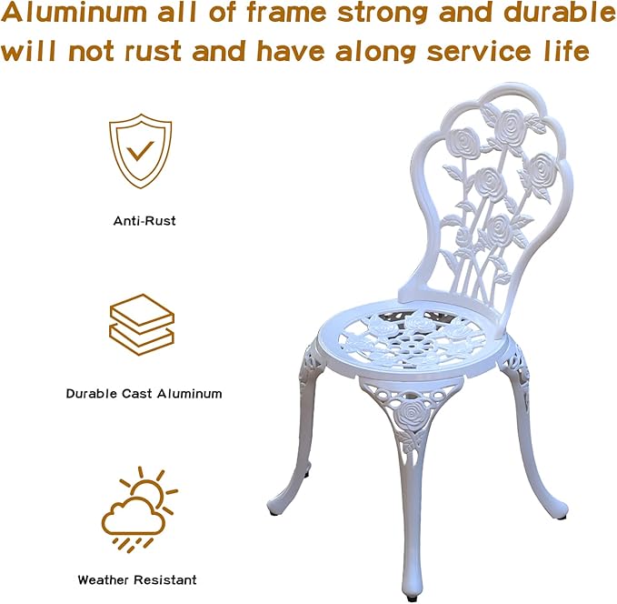 Patio Bistro Set.Rust-Resistant Cast Aluminum Bistro Table Set with Umbrella Hole for Backyard (Rose White)