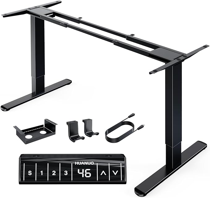 HUANUO 265 lbs Dual Motor Electric Standing Desk Frame, Thick T-Shaped Desk Legs Made of Automotive-Grade Steel, for Max 90″ x 31.5″ Desktop, Height Adjustable Desk Frame for Home Office, Frame Only