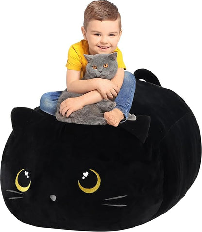 Stuffed Animal Storage Bean Bag Chair Cover for kids Cute Black Cat Large Beanbag Plush Toy Bedroom Décor Organizer Cover, No Beans