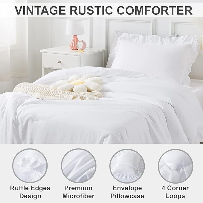 Andency White Comforter Twin Size, 2 Pieces Solid Farmhouse Shabby Chic Ruffle Bedding Comforters & Sets, All Season Soft Lightweight Fluffy Bed Set for Kids Girls Teens