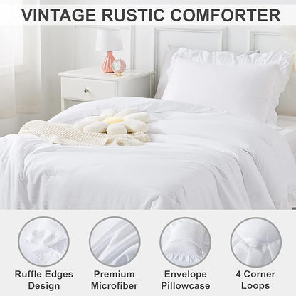 Andency White Comforter Twin Size, 2 Pieces Solid Farmhouse Shabby Chic Ruffle Bedding Comforters & Sets, All Season Soft Lightweight Fluffy Bed Set for Kids Girls Teens