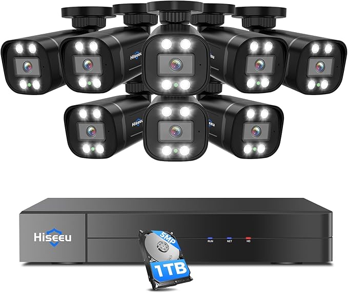 Hiseeu 3K Wired Outdoor Security Camera System with Audio,5MP 8CH Surveillance DVR,8 X5MP IP66 Weatherproof Cameras & 1TB HDD,Dual Light,Human/Vehicle Detection,Smart Playback for Home Security