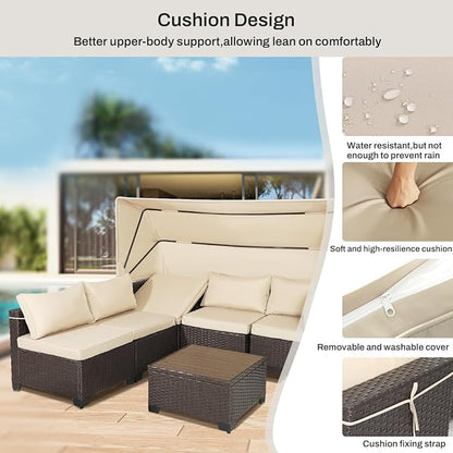 6 PCS Outdoor Patio Furniture Set,Sectional Sofa Set,Rattan Daybed with Retractable Canopy,Adjustable Backrest,Storage Coffee Table for Porch Garden Poolside Backyard(Khaki)